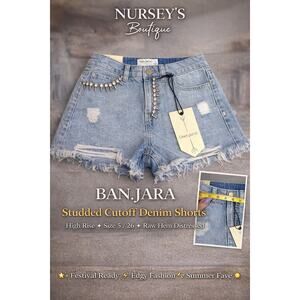Ban.jara Studded Denim Shorts High Rise Distressed Festival Sz 5